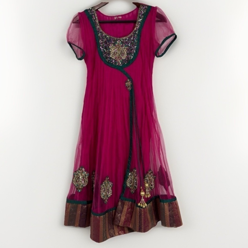 Indian Anarkali Tunic Dress Womens 6 Pink Sequin Embroidered Wedding Guest Boho